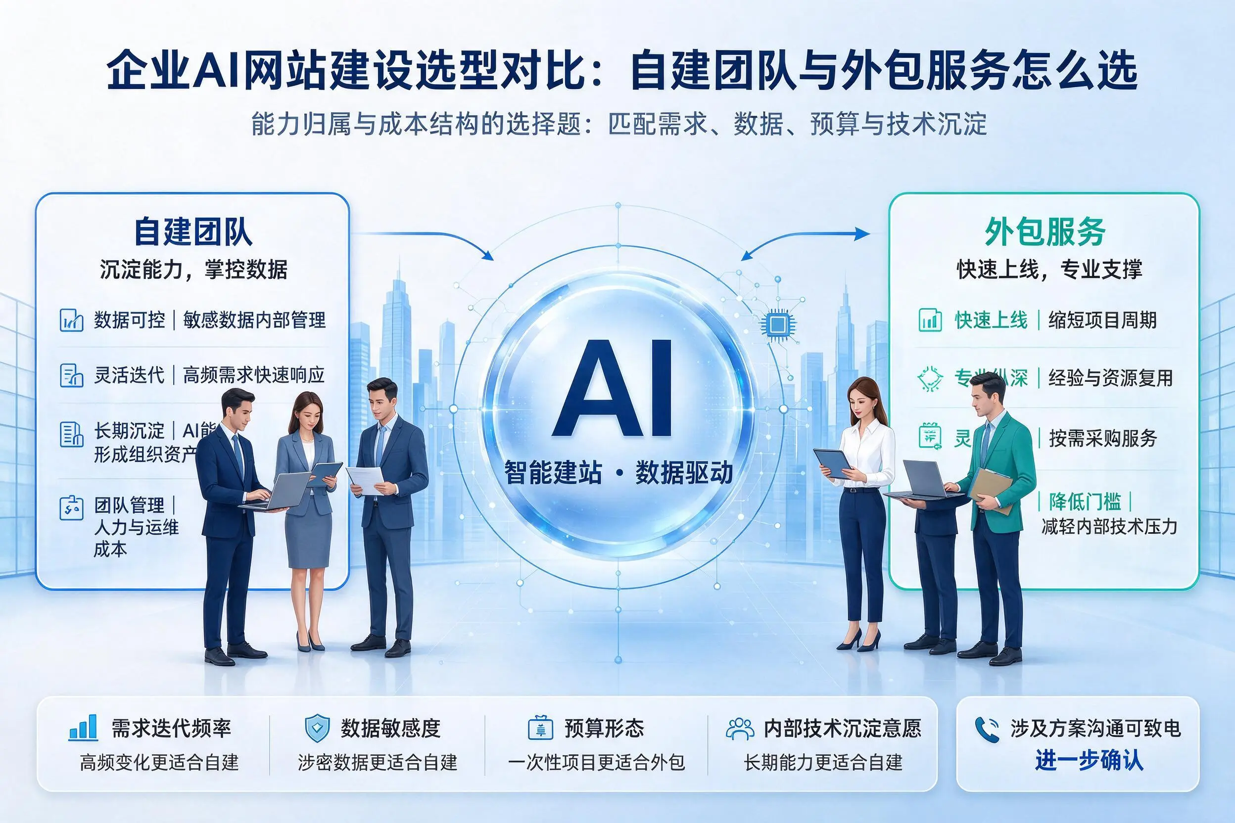 文山企业AI网站建设选型对比:自建团队与外包服务怎么选